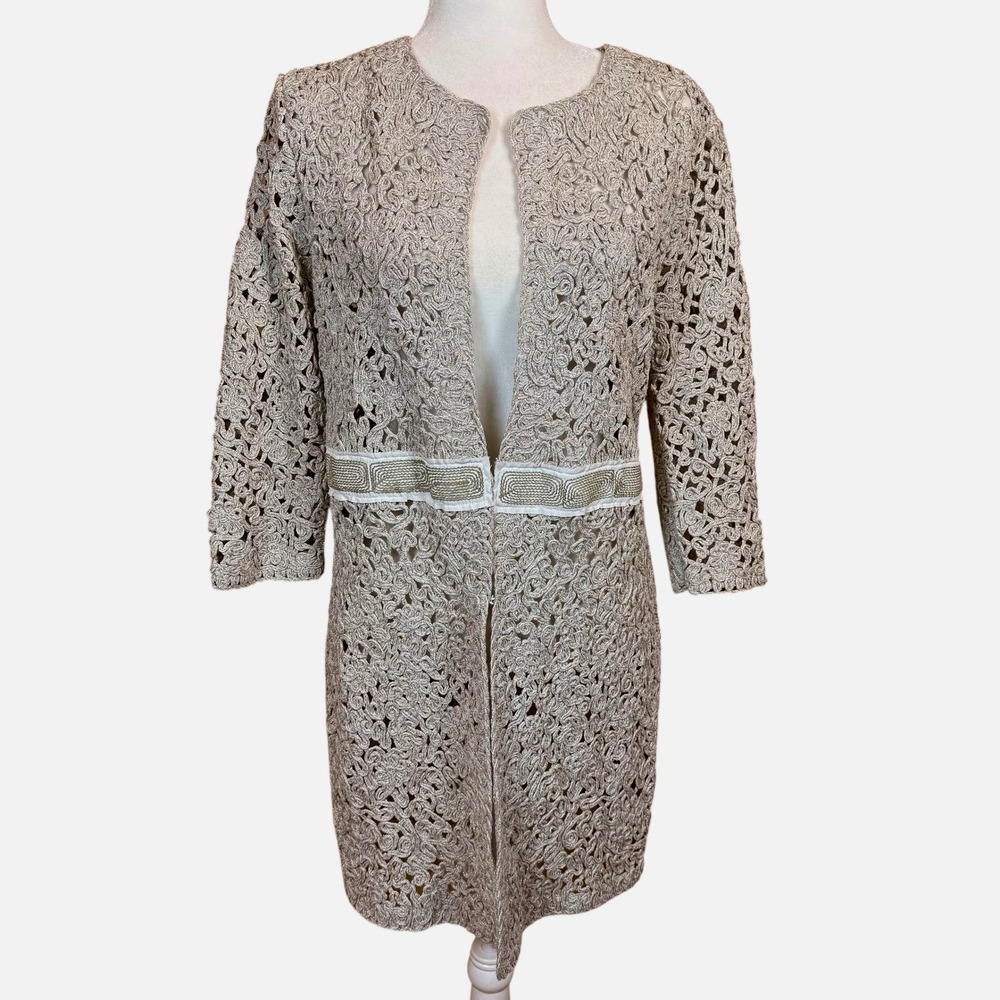 NIC and ZOE Empower Metallic Soutache Jacket Medium Beige Gray Battenburg Lace